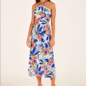 Farm Rio Blue Colored Birds open back midi dress